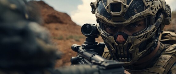 A cyborg soldier fighting in a warzone movie story seen trail cam footage, rear view, wide angle shot, a striking contrast against the soft, blurred background - obrazy, fototapety, plakaty