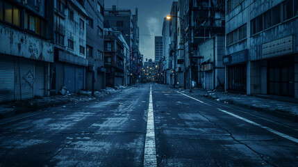 Obraz premium Pre-dawn light casts a blue hue over an empty street lined with derelict buildings, a scene of urban decay and quiet solitude.