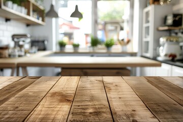 Empty wooden table and blurred background of modern kitchen. Ready for product display montage