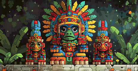 Obraz premium Three statues of people in colorful costumes are standing in front of a large