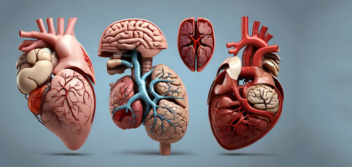 Human heart with circulatory system and lungs on dark background. 3d illustration generative by ai... - obrazy, fototapety, plakaty
