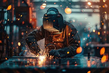 Industrial worker with protective mask welding steel structure in factory. Metalwork manufacturing and construction maintenance service concept