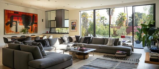 The living room is roomy, featuring a gray sofa and contemporary furnishings.