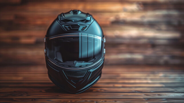 front view black motorcycle full face helmet on wooden background