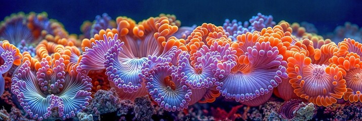 Banner photograph of a coral reef with colorful sea anemones in shades of orange and purple