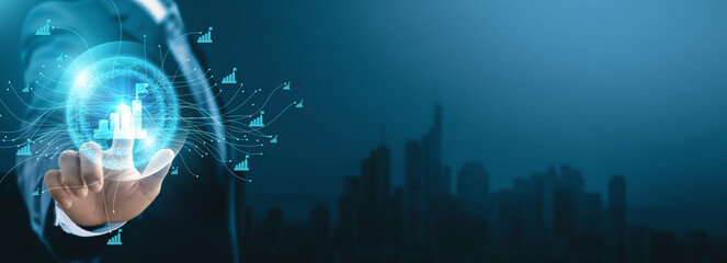 Development in technology, Businessman touching digital global network of advanced data exchange. Digital evolution paves the way for seamless connection with the future of business development.