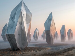 A group of large, white sculptures in the desert. Generative AI. - obrazy, fototapety, plakaty