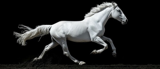 A white horse running on a black background in the dark. Generative AI. - Powered by Adobe
