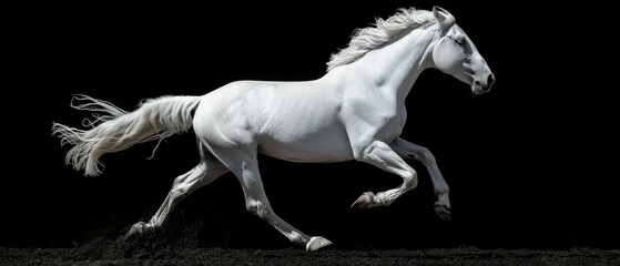 A white horse running on a black background in the dark. Generative AI.