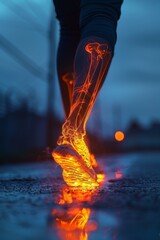 A person walking on a wet road with glowing feet. Generative AI.