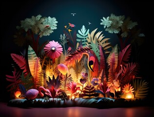 A colorful paper cutout of a jungle scene with lights. Generative AI.