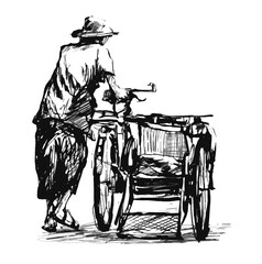 Drawing of a rickshaw driver on the street in Myanmar