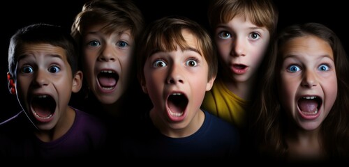 A group of children with their mouths open in a row. Generative AI.