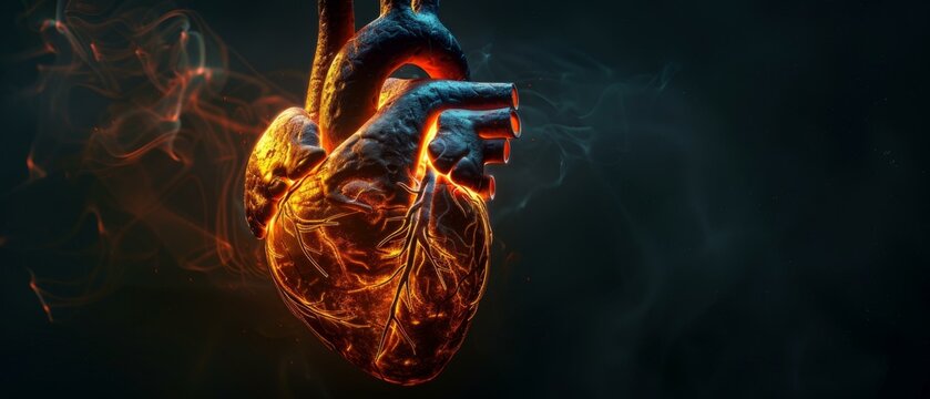 A heart is shown in flames with a dark background. Generative AI.