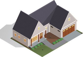 Isometric american style family house exterior vector illustration