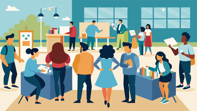 A community college hosts a resource fair for students featuring representatives from various departments on campus as well as outside