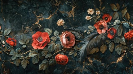 Floral Metal Wall Art on Black Marble Background. - obrazy, fototapety, plakaty