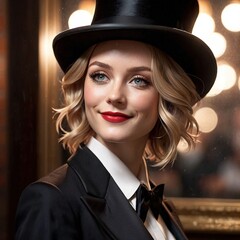Retro elegant woman wearing tuxedo and top hat, classic traditional glamorous fashion