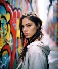 Naklejka premium A woman standing in front of a graffiti covered wall. Generative AI.