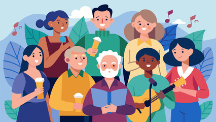 A music performance where seniors and teenagers create a band or choir and perform for their community showcasing the diverse talents of each