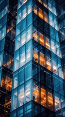 A building with glass windows lit up at night. Generative AI.