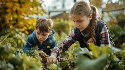 Young smiling girl working at garden and digging out fresh green lettuce, garden expert is teaching group of teenage student.