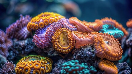 Close up of sea anemones on a coral reef in shades of orange and purple