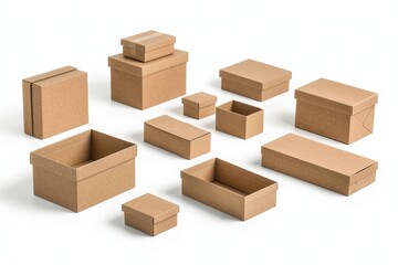 Fototapeta premium a realistic collection of cardboard boxes, varying in sizes isolated white background