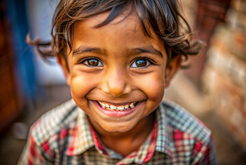 Close-up of Smiling Child: A heartwarming close-up of a smiling child, radiating innocence, happiness, and purity.
 - obrazy, fototapety, plakaty