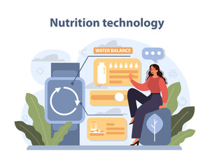 Nutrition Technology Concept. A woman interacts with a digital platform for dietary tracking.