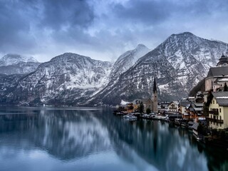 Scenic view of Hallstatt village in Austrian Alps, Salzkammergut region, Austria, in summer light