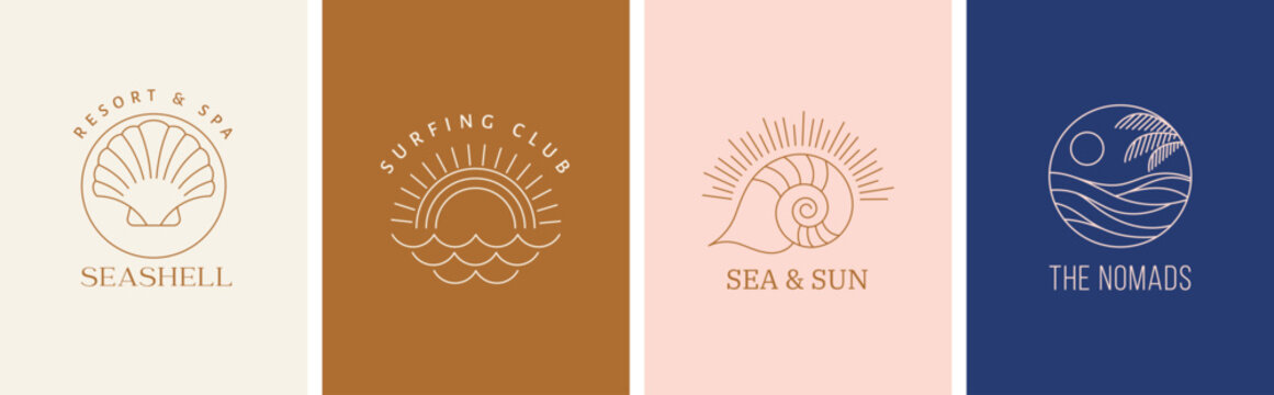 Bohemian linear logos, icons and symbols, sea, ocean, beach and surfing. Sun, seashell and palm design templates, geometric abstract design elements for decoration
