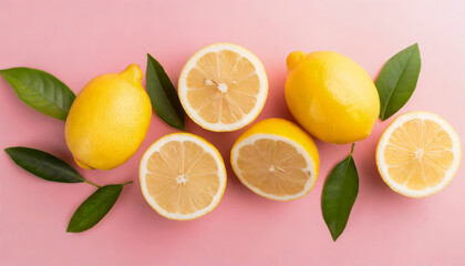 Top view photo of cut and whole lemons on isolated pastel pink background
