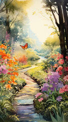 a painting of a path surrounded by flowers and trees