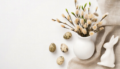 Top view photo of easter decorations white ceramic vase with bunch of lagurus flowers bunny quail eggs and textile on isolated white background with copyspace
 - Powered by Adobe