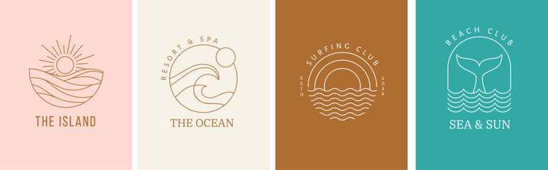 Bohemian linear logos, icons and symbols, sea, ocean, beach and surfing. Sun, seashell and palm design templates, geometric abstract design elements for decoration