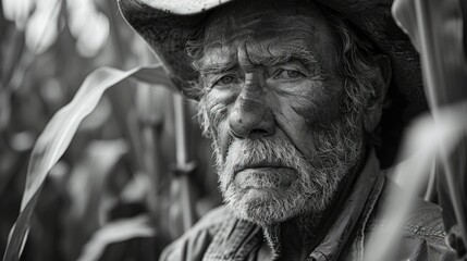 A senior farmer captured in a striking black and white photo is immersed in inspecting the...