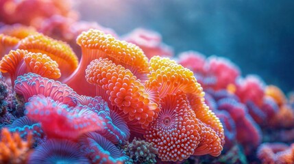 Close-up photograph of colorful sea anemones on a coral reef.