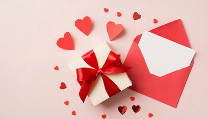 Top view photo of valentine's day decorations small hearts giftbox and bow open red envelope with card on isolated pastel pink background with empty space - Powered by Adobe