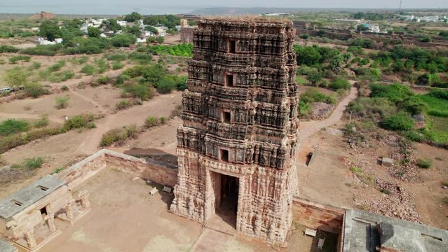 gandikota Madhavaraya Swamy Temple entrance arch, orbit drone shot at andhra pradesh, india.4k, daytime