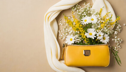 Top view photo of woman's day composition yellow leather purse white scarf and wild flowers on isolated beige background with empty space
