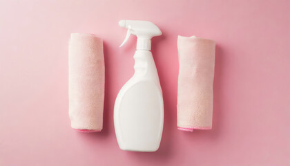 Top view photo of white spray detergent bottle without label and two pastel pink viscose rags on isolated pink background with copyspace
