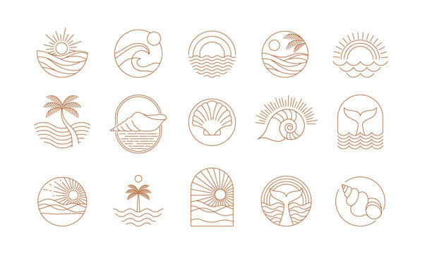 Bohemian linear logos, icons and symbols, sea, ocean, beach and surfing. Sun, seashell and palm design templates, geometric abstract design elements for decoration