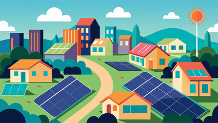 A neighborhood investing in a large solar farm to power local government buildings and public facilities making the community more sustainable. - obrazy, fototapety, plakaty