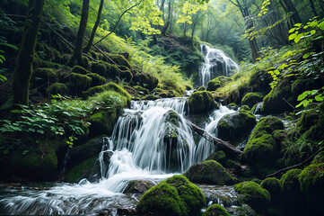 Naklejka na ściany i meble waterfall in the forest,A waterfall cascades over mossy rocks in a lush green forest.
