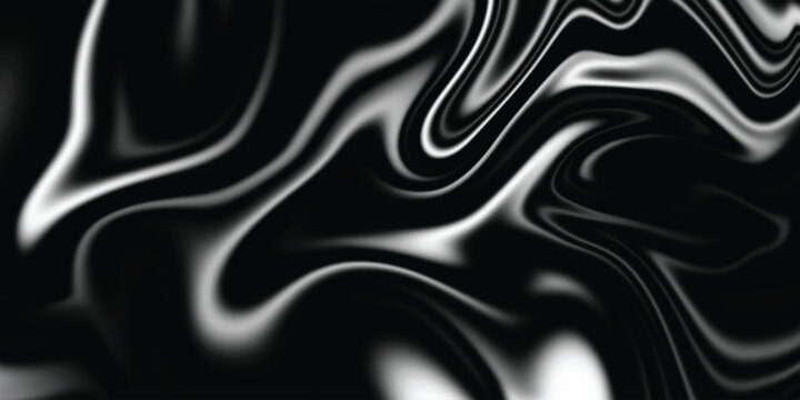 Abstract flowing liquid curve line. Silver black metallic. Modern fluid background. Beautiful Marbling liquify. Black and silver background
