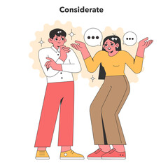 Colorful vector illustration depicting a considerate interaction between two characters, highlighting empathy and understanding in human relationships