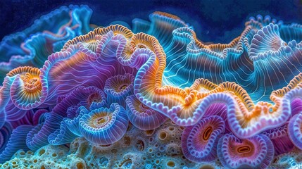 Close-up photograph of colorful sea anemones on a coral reef. Underwater photography