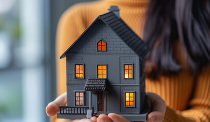 Close up female hands of a real estate agent hold a model of a small house in the palm of their hand. Concept of buying home, real estate, construction business
