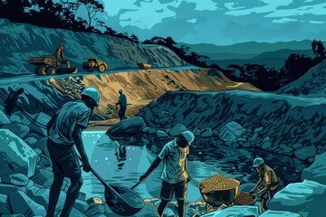 illustration of a quarry pit with people mining - obrazy, fototapety, plakaty